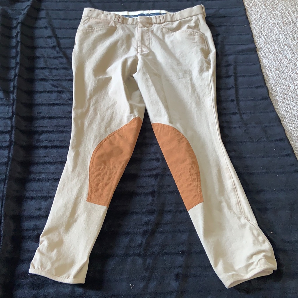 Ralph Lauren Riding Breeches Size 33 Men’s Tan Schoeller Fabric Ultrasuede Knees